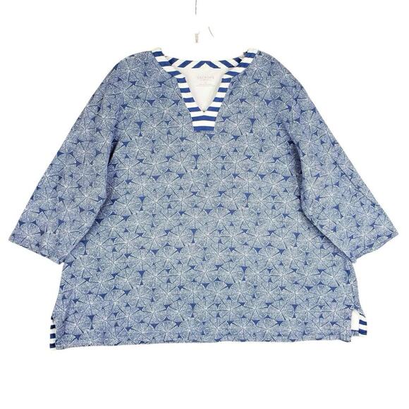 Talbots Shirt Stretch Blue White Plus Size 3X Cotton Popover Geometric - Picture 2 of 9